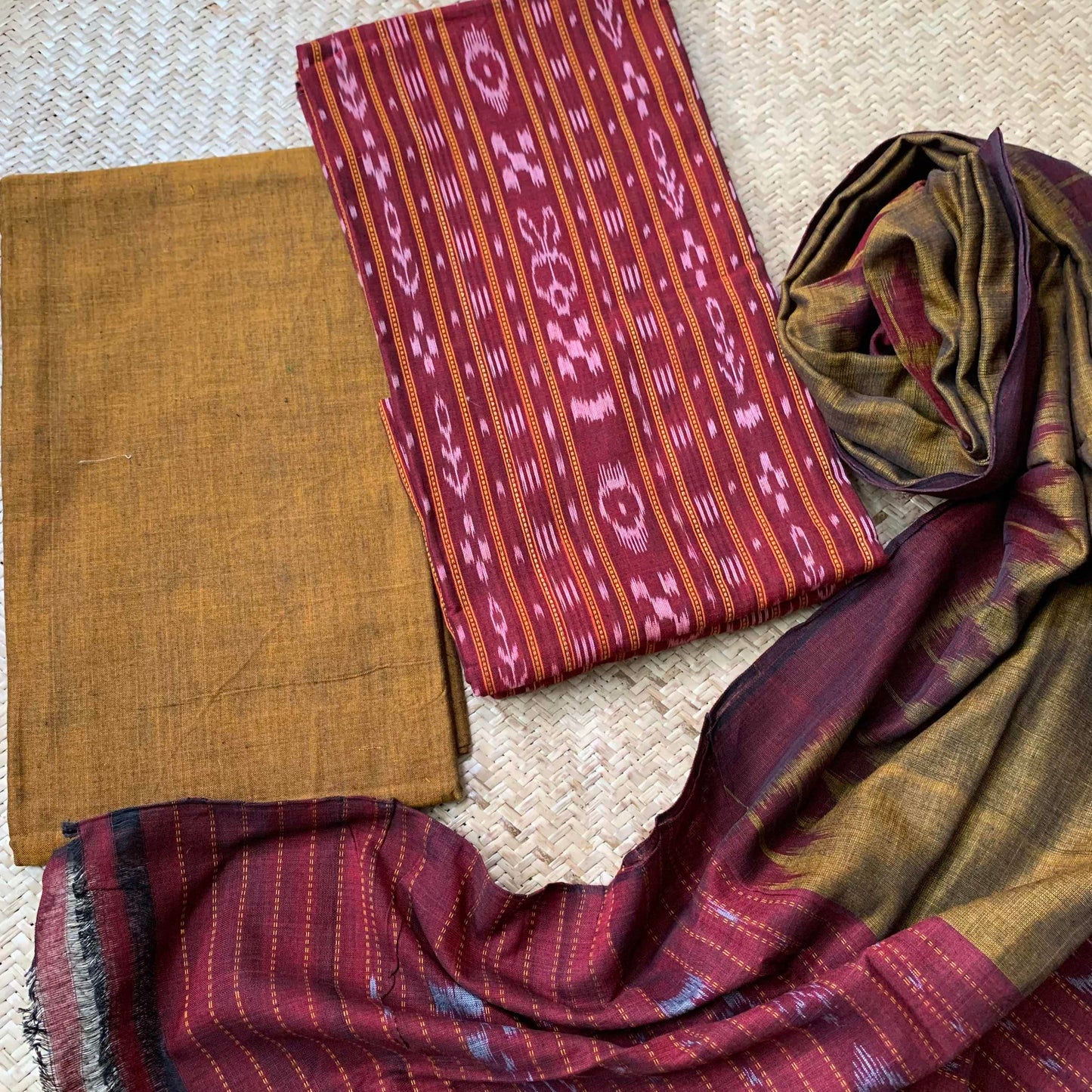 Maroon With Brown Handwoven Sambalpuri Ikkat Cotton Salwar Suite Material