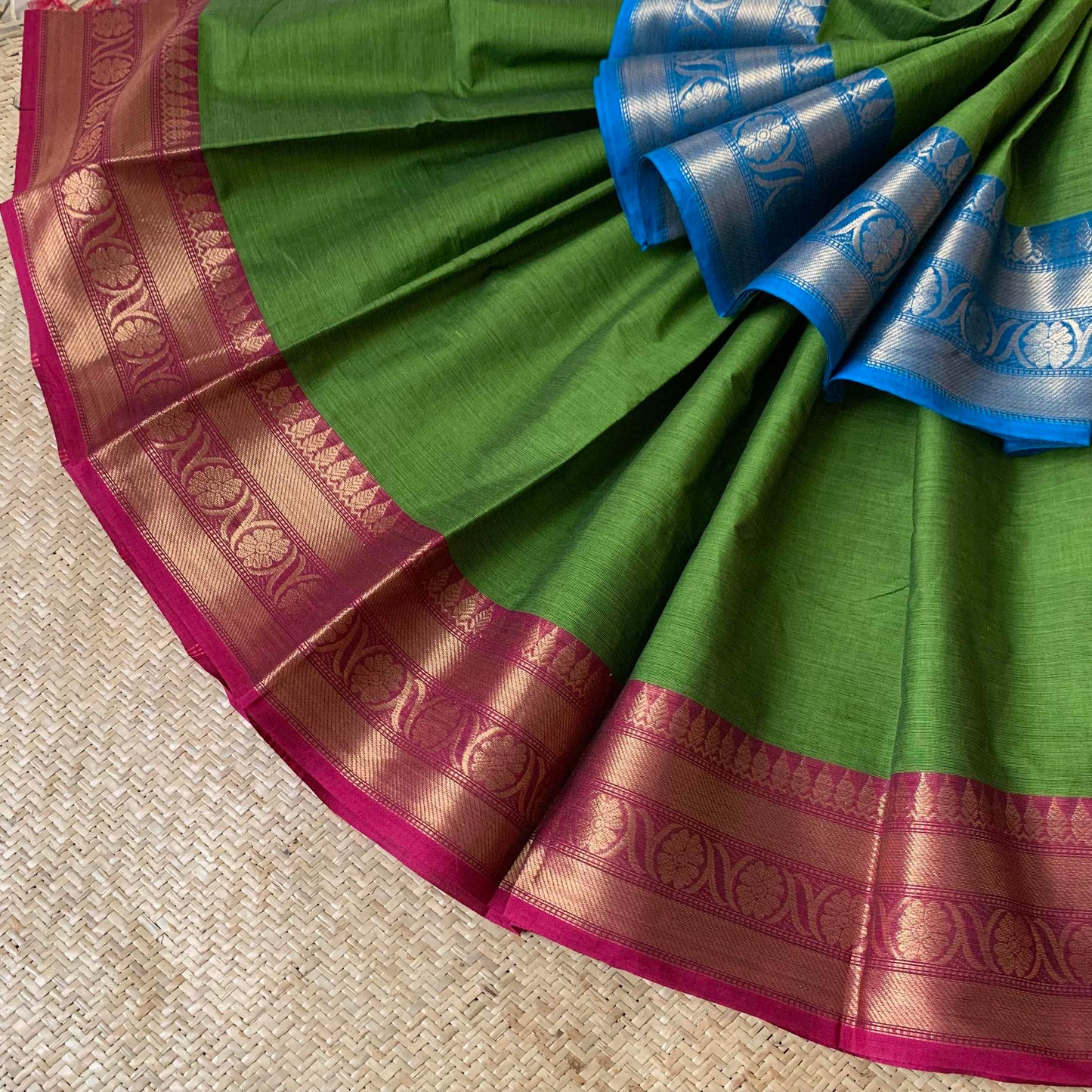 Green Double Tone Saree With Blue Ganga Jamuna Border, Chettinad cotton saree