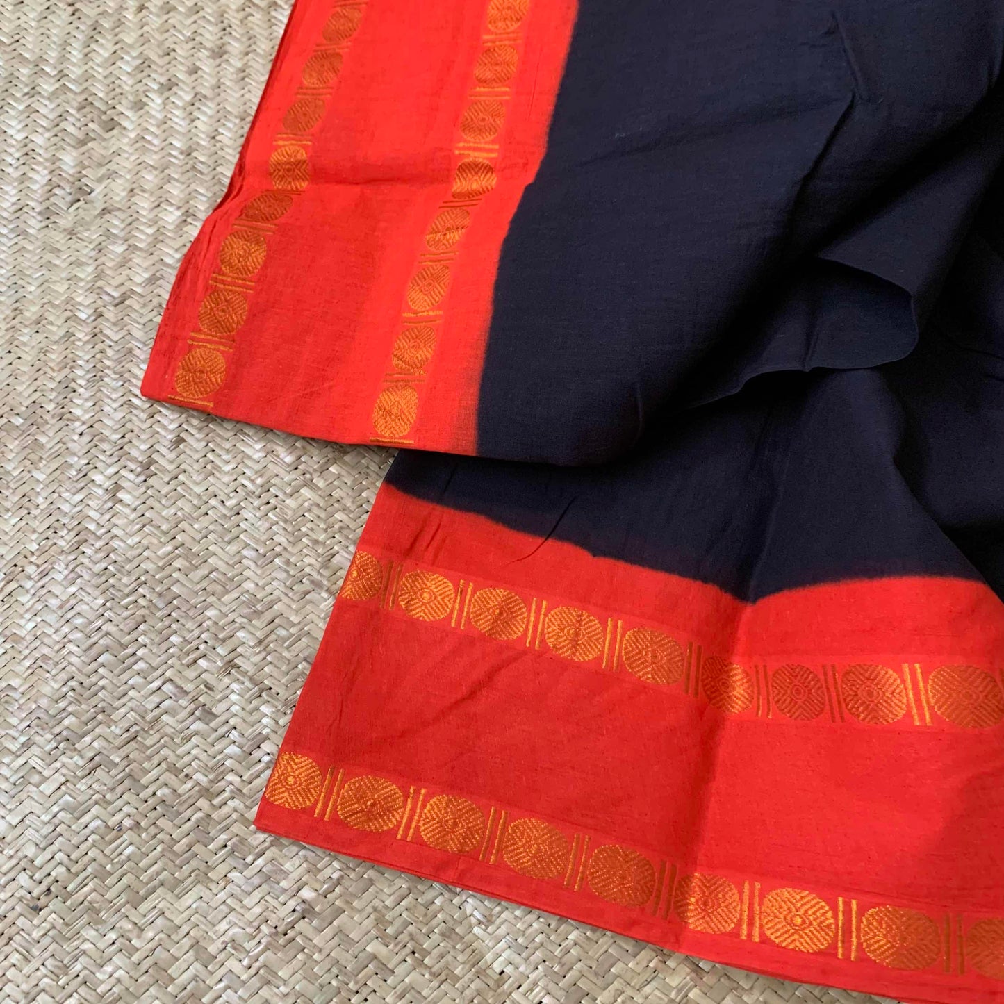 Black Saree With Red Border Rudraksham, Clamp dyed (Kattu sayam).