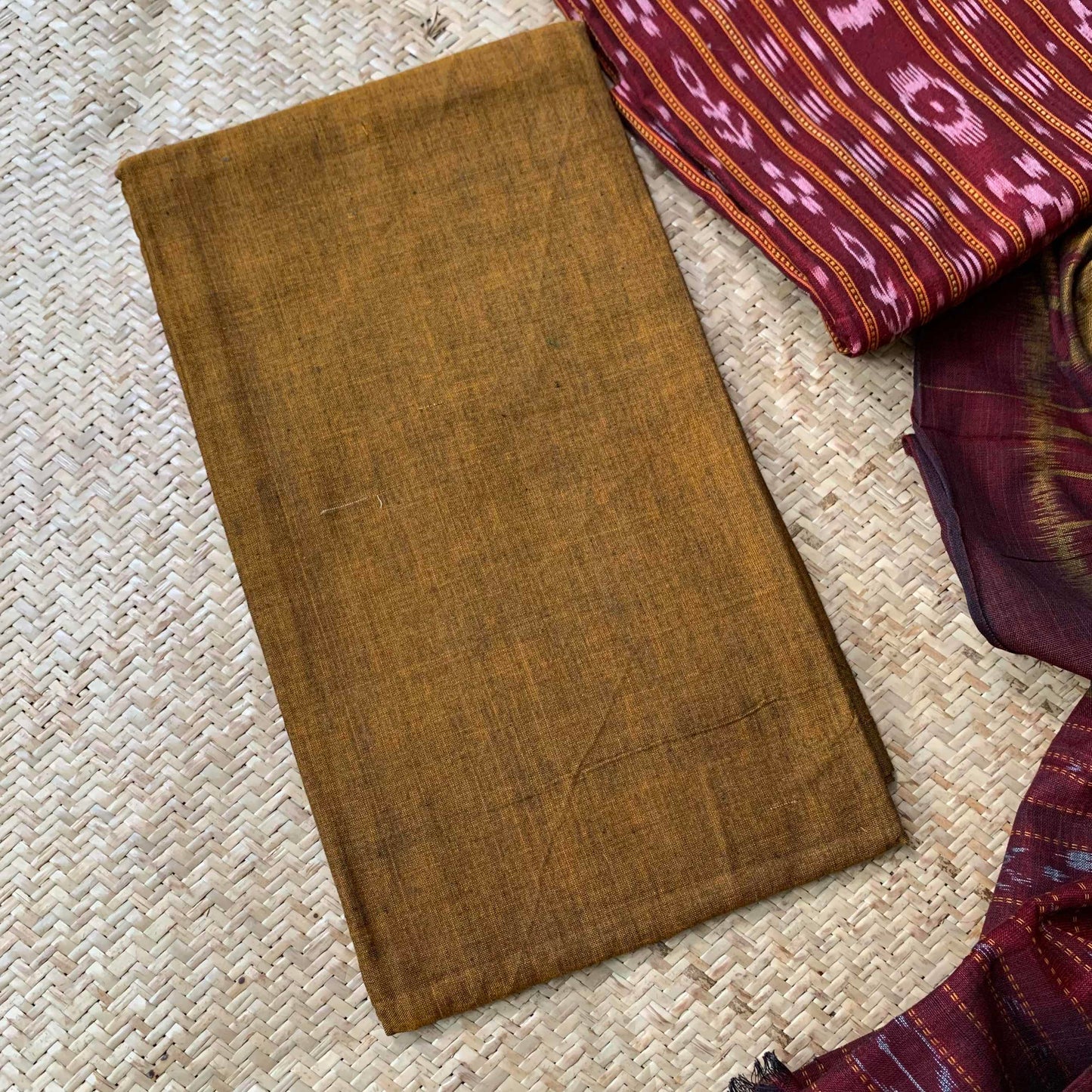 Maroon With Brown Handwoven Sambalpuri Ikkat Cotton Salwar Suite Material