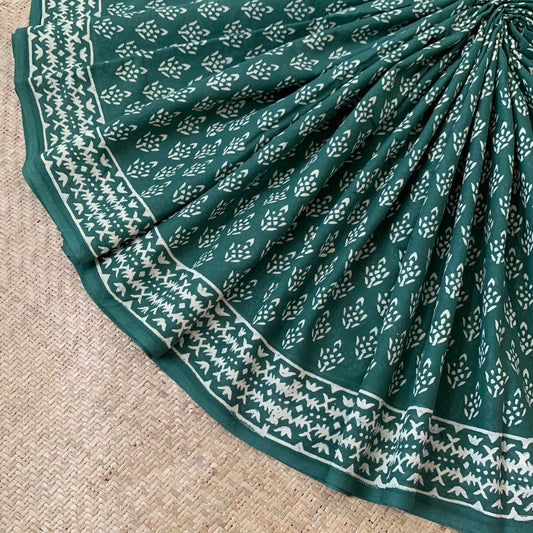 Mul Mul Cotton saree, Hand Block Printed Green