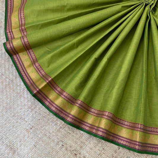 Chettinad Cotton Saree, Lime Green Saree with Green Temple Thread Border