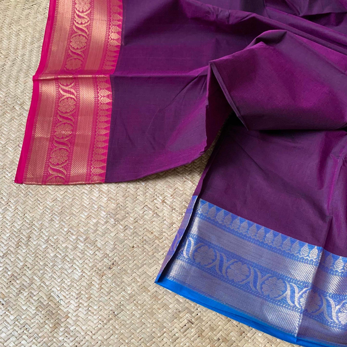 Purple Double Tone Saree With Pink Ganga Jamuna Border, Chettinad cotton saree