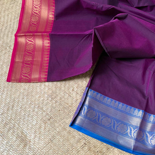 Chettinad Cotton Saree, Purple Double Tone Saree with Pink Ganga Jamuna Border