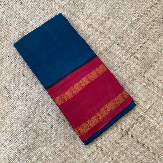 Rama Blue Saree With Red Border, Zari Annam Rettai Pettu Border , Clamp dyed (Kattu sayam).