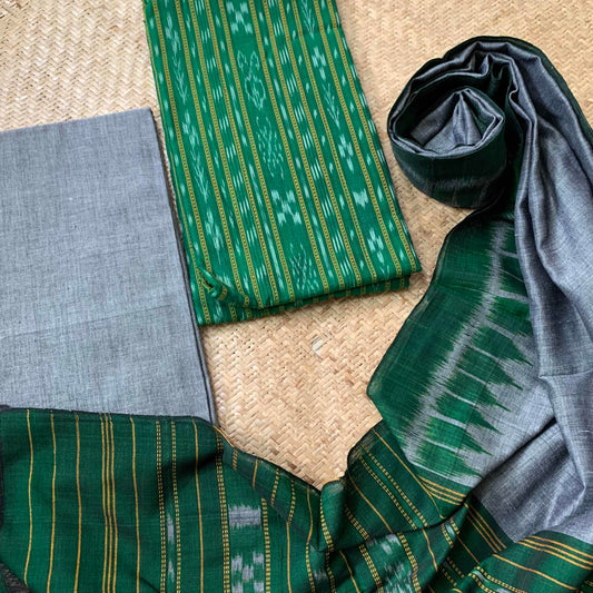 Green With Grey Handwoven Sambalpuri Ikkat Cotton Salwar Suite Material