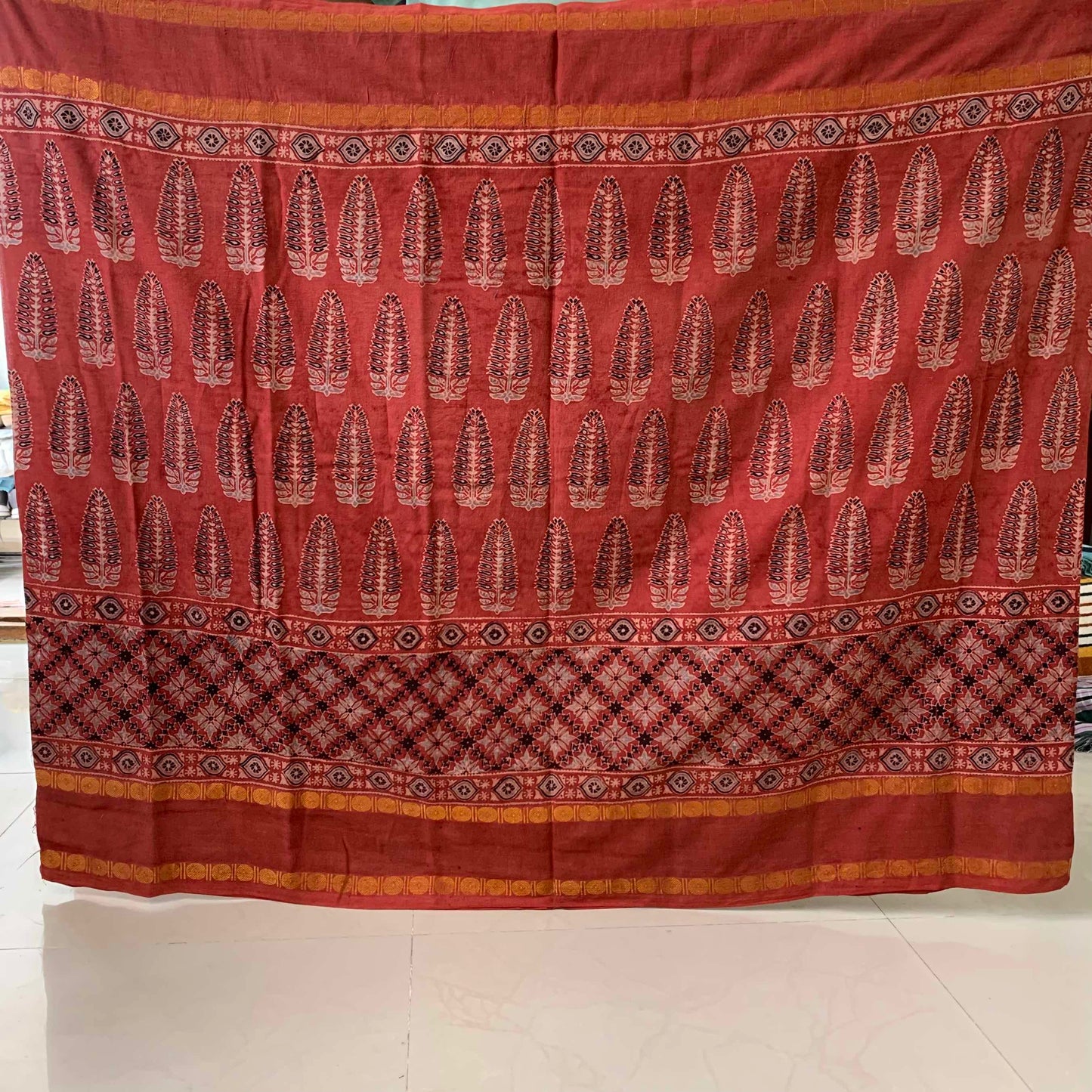 Maroon, Ajrak Hand Block Printed On Madurai Cotton Saree With Zari