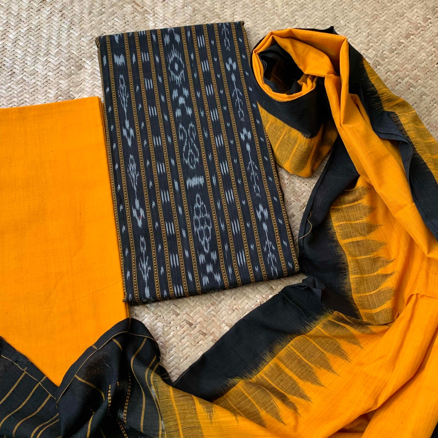 Black With Yellow Handwoven Sambalpuri Ikkat Cotton Salwar Suite Material