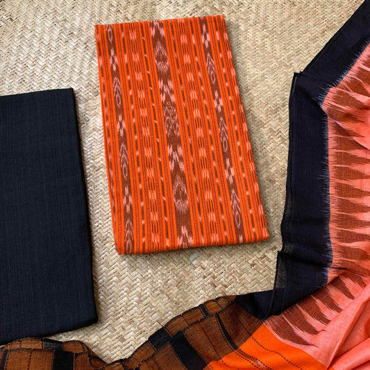 Orange With Black Handwoven Sambalpuri Ikkat Cotton Salwar Suite Material