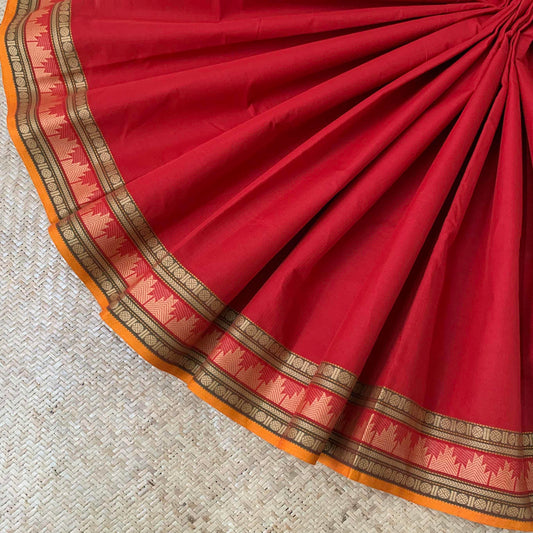 Chettinad Cotton Saree, Red Saree with Orange Temple Thread Border
