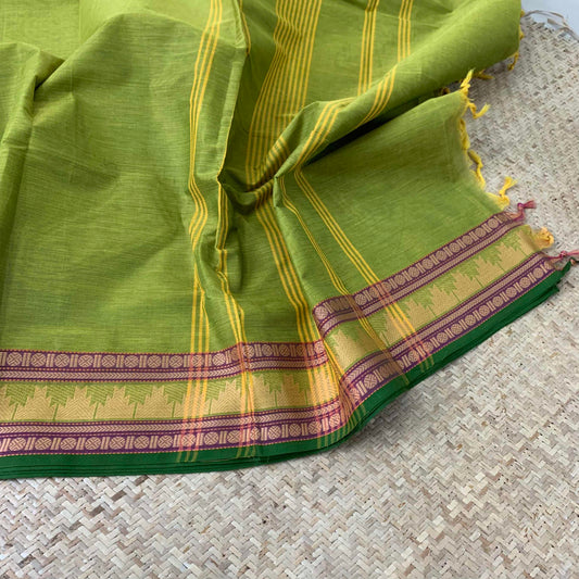 Chettinad Cotton Saree, Lime Green Saree with Green Temple Thread Border