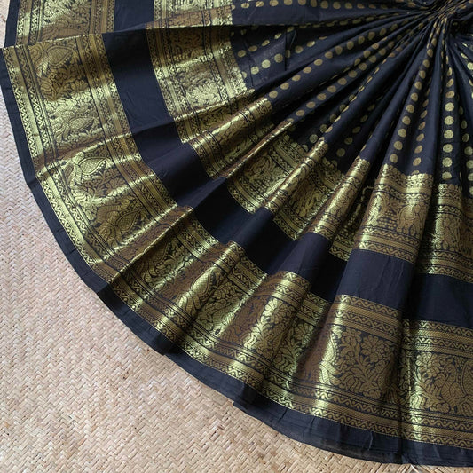 Kanchipuram Cotton Saree, Black Saree with Rettai Pettu Border with Rudraksha Butta