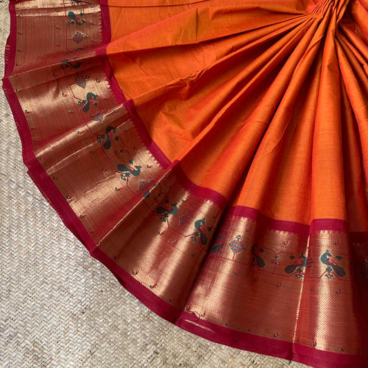 Orange Double Tone Saree With Maroon Mayil Border, Chettinad